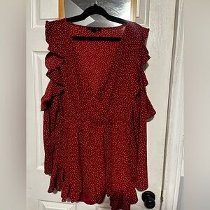 Size XL Romper by Revamped - Red Polka Dot with Ruffle Open Long Sleeves